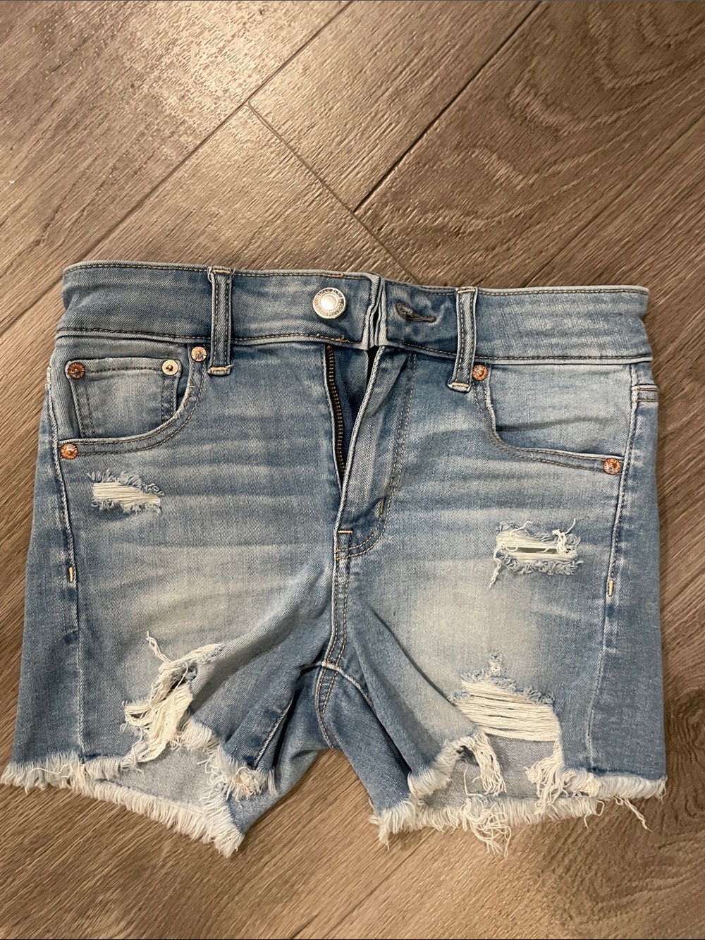 American Eagle Outfitters Light Blue High-Rise Midi Denim Shorts